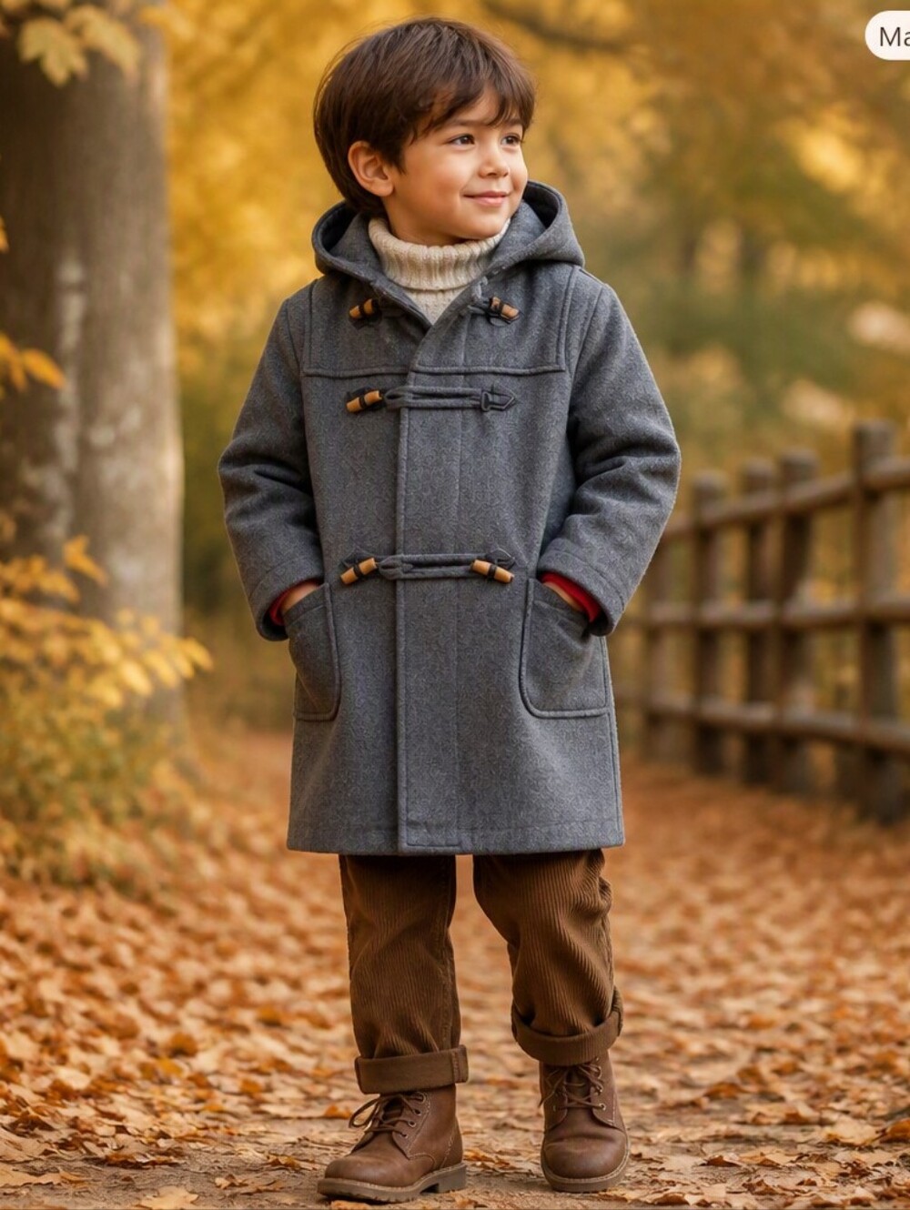 Kids Grey Hooded Toggle Pea Coat